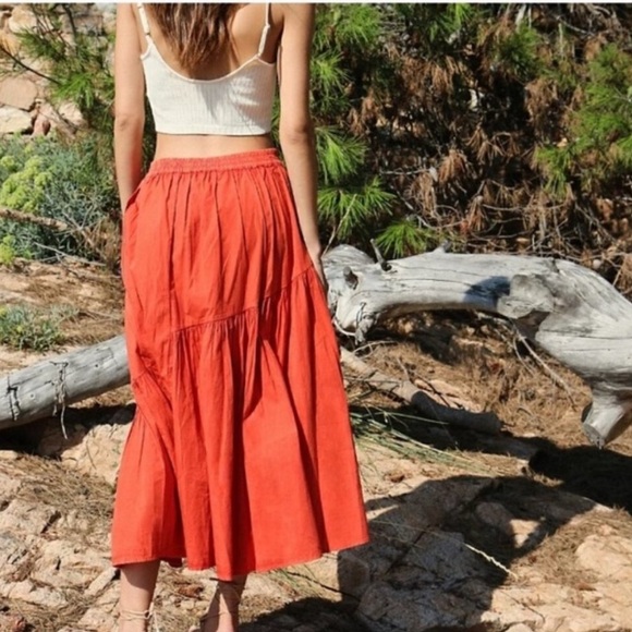 Free People All About Tiers Midi Skirt Swing Orange XS - Picture 2 of 10